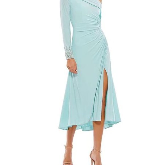 Ieena for Mac Duggal Long Beaded Sleeve Asymmetrical One Shoulder Midi Dress - Picture 6 of 11
